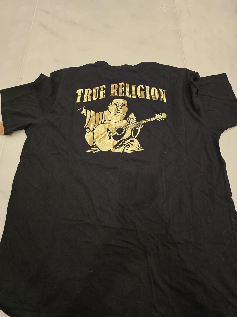 True Religion Black Tee with Gold Horseshoe Logo